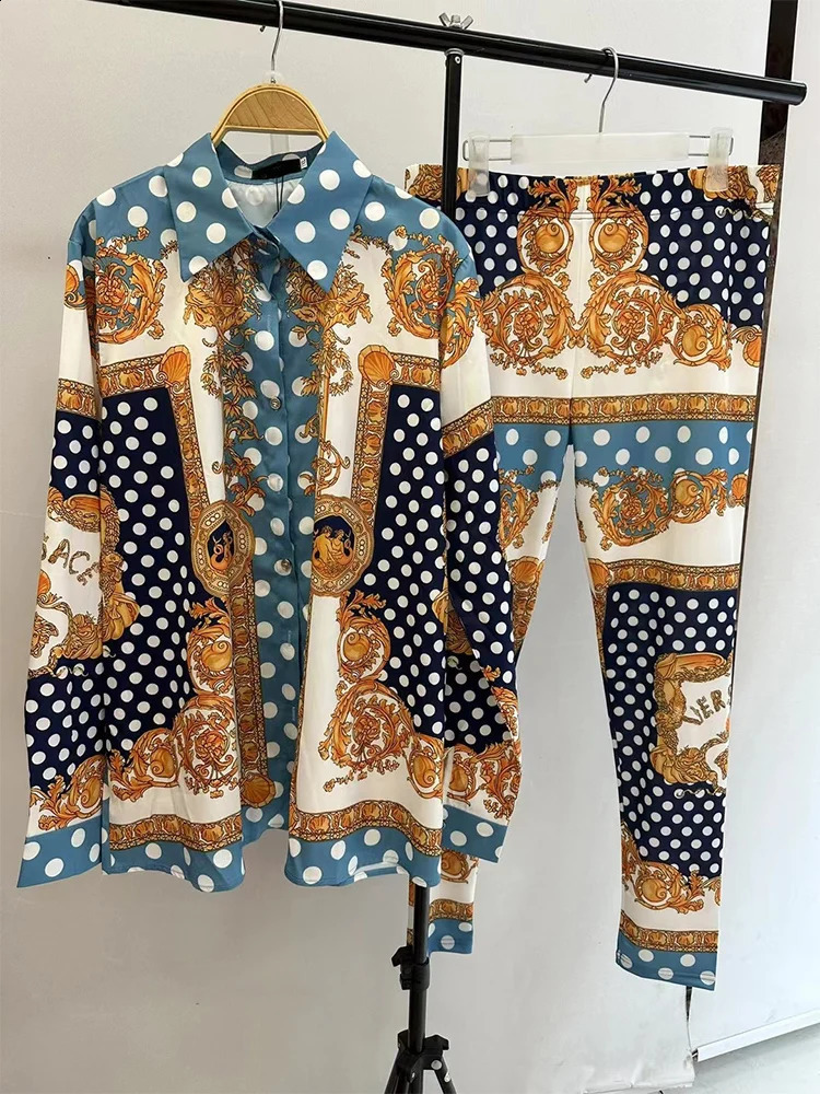 Retro geometric print lapel loose shirt two-piece set 2024 summer womens elastic waist elastic tight pants fashion set 240824