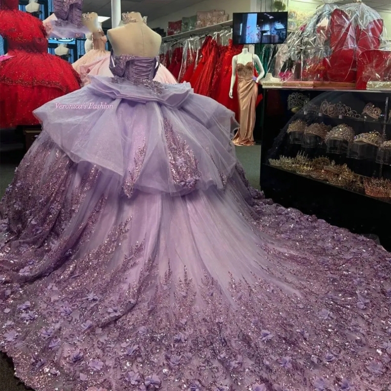 Lilac Beading Crystal Bow Ball Gown Quinceanera Dresses 3D wers Sequined Appliques Lace Tull Sweet 16 Vestido De 15 Anos
