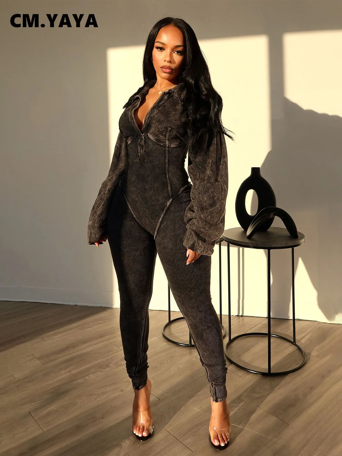 CMYAYA Fashion Women Knit Ribbed Long Sleeve Moto Biker Jumpsuits 2024 Autumn Washed Street Playsuit Suit Romper 240823