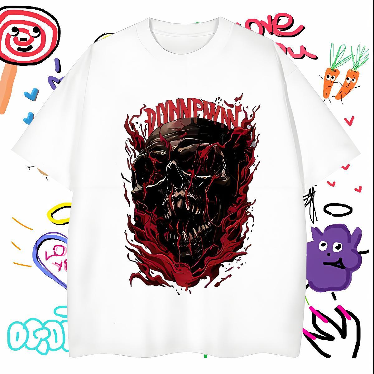 Loose Fit Men T Shirts 230g Pure Cotton skull Summer Casual Anime Breathable Crew Neck Tshirts 2024 Designer Tee Shirt