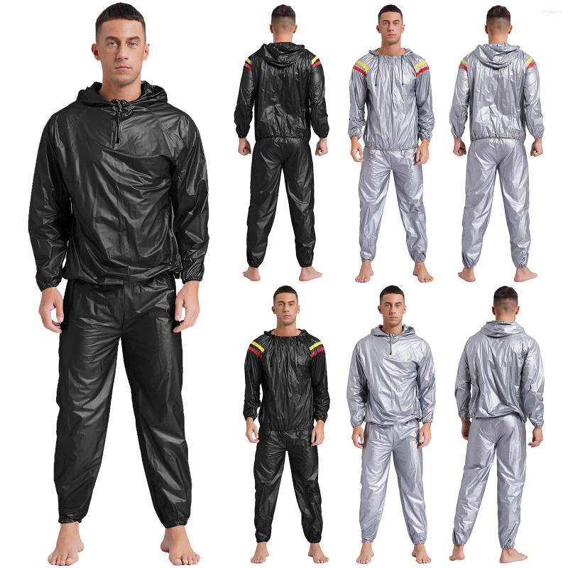 Men's Tracksuits Mens Sauna Sweat Outfit Heavy Duty Fitness Weight Loss Suit Exercise Gym Anti-Rip Hooded Jacket And Long Pants