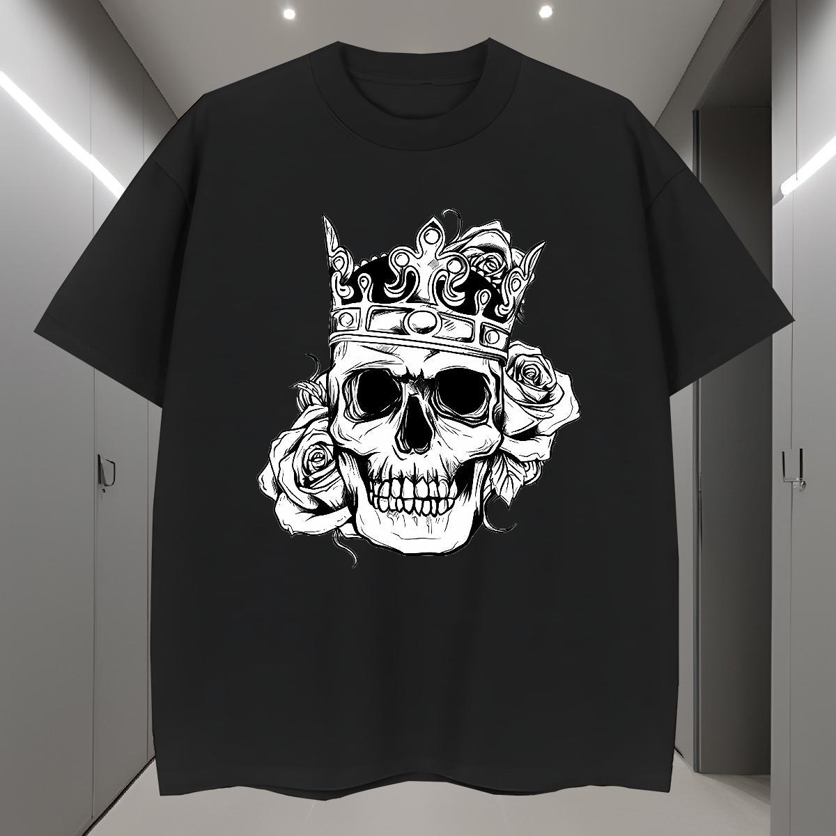 TOP Quality T shirt 230g 100% Cotton skull Summer Casual Floral Print Round Neck Short Sleeve Men Tees Classic Tops Tees