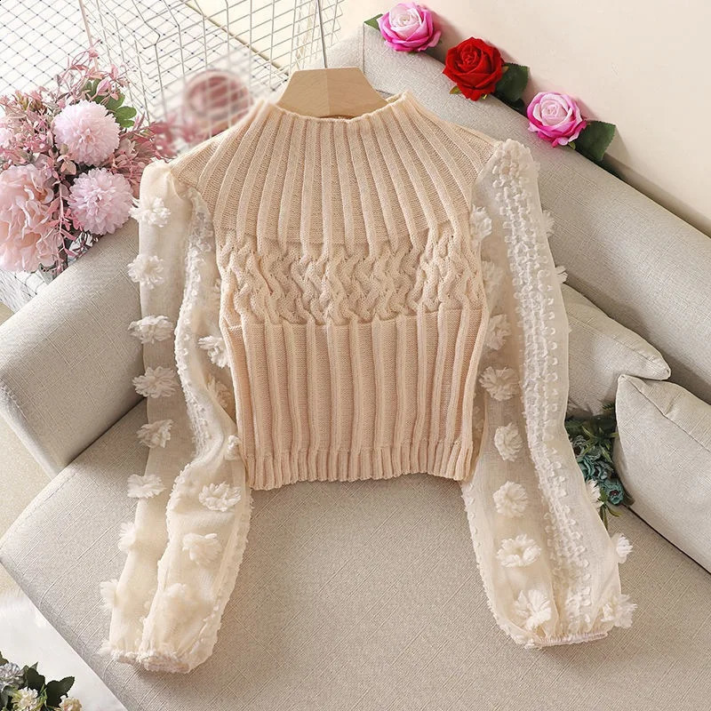 Womens Tight Sweater T-shirt Puff Sleeve Mesh Stitching Crew Neck Slim Tops Knitted Warm Pullover 240824