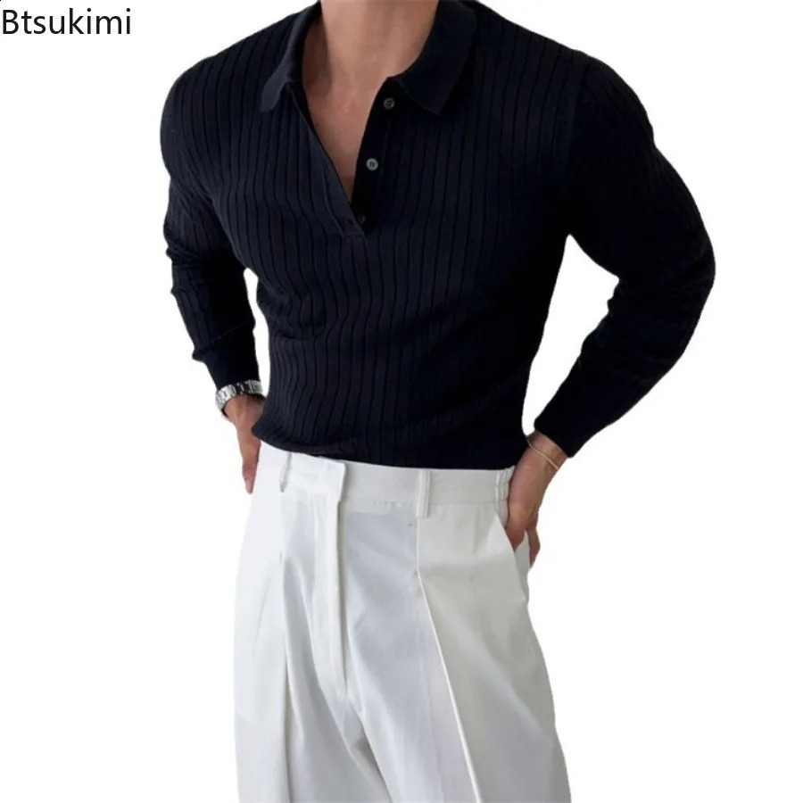 Mens Knitted Polo Shirts Fashion Striped Long-sleeved Lapel Pullover Tops Korean Style Solid Slim Versatile Knit Sweaters 240824