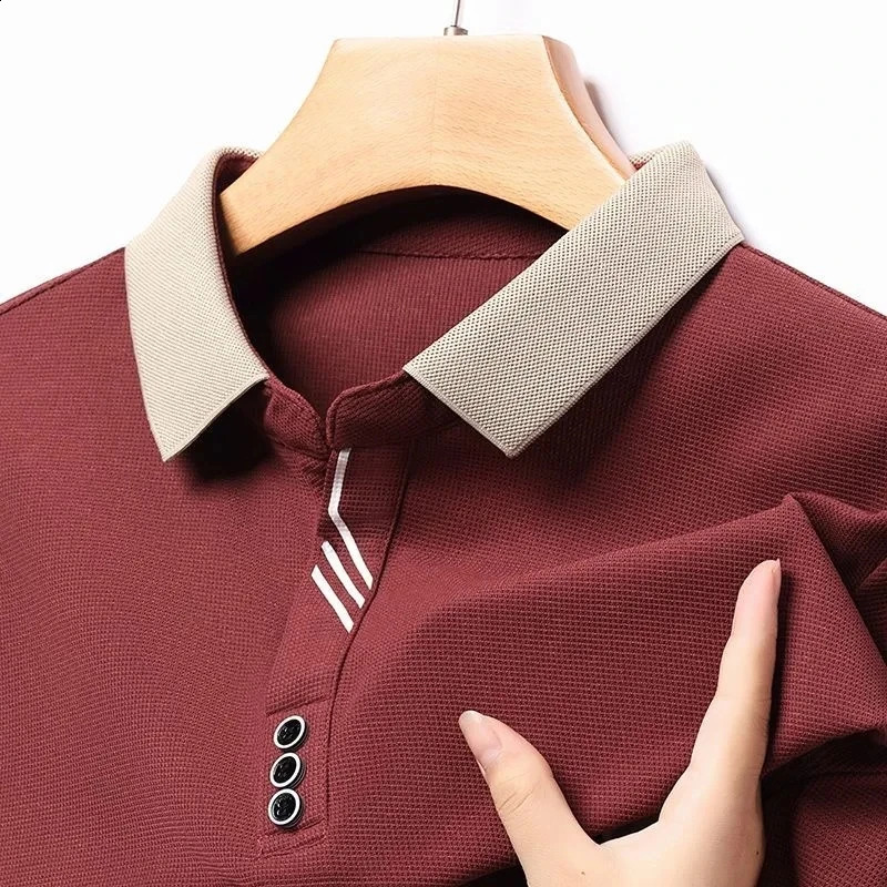 High quality mercerized cotton long sleeve t-shirt mens spring and autumn fashion contrast Lapel Polo loose casual top 240824