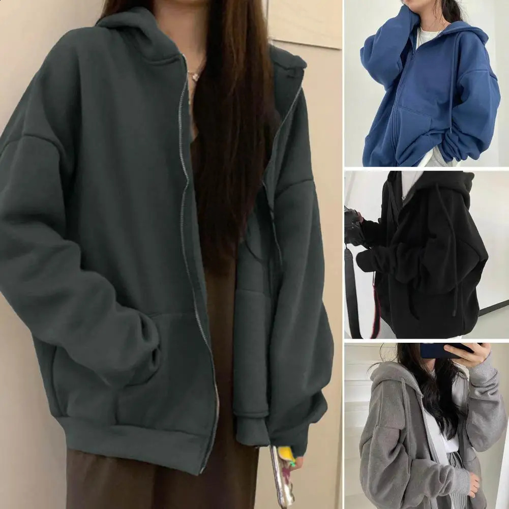 Women Zip-up Hoodie Thick Hooded Womens Winter Coat with Zipper Closure Drawstring Long Sleeve Solid Color Jacket for Autumn 240824