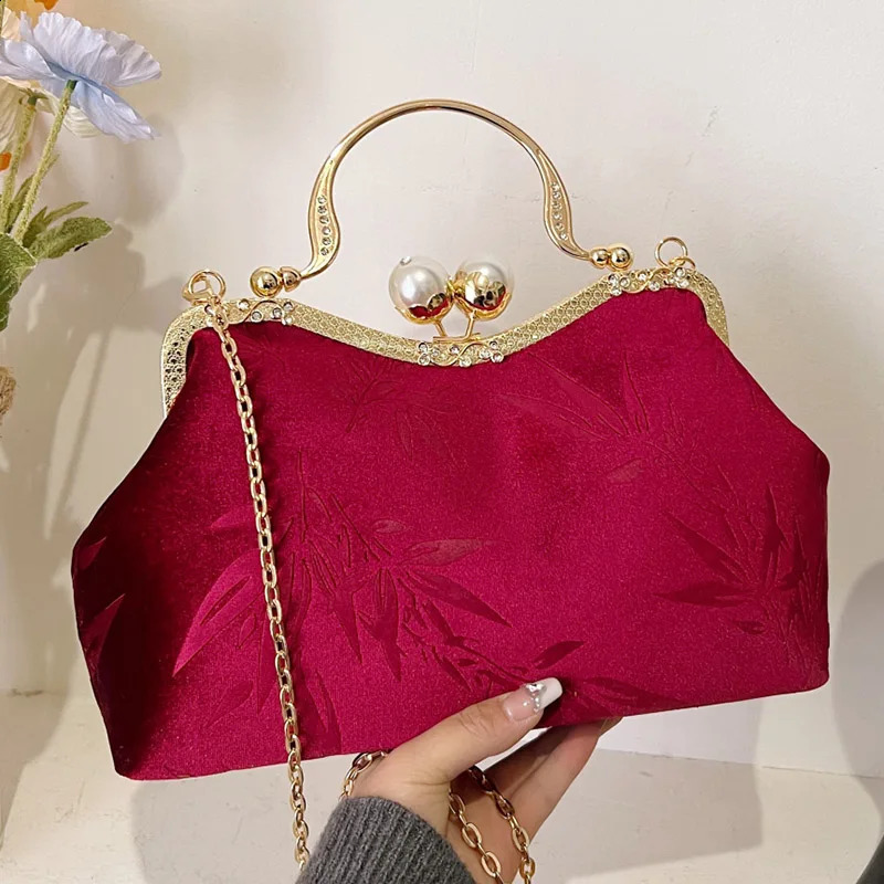 Women Western Style Embroidered Taxture Shoulder Bags Green Chain Crossbody Retro Corduroy Evening Prom Clutch 240824