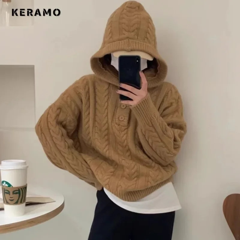 Winter Casual Knitting Long Sleeve Round Neck Hooded Pullovers For Women Vintage Solid Color Knitwear Sweater Retro Top 240824
