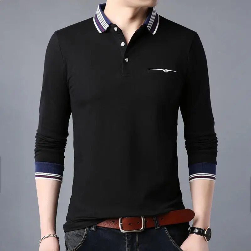 Autumn Mens Pure Cotton Lapel Patchwork Printed Simple Long Sleeved T-shirt Loose and Comfortable Casual Bottom Top 240824