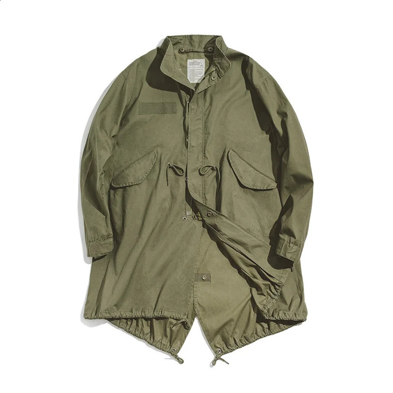 Maden Mens Vintage M51 Fishtail Green And Camel Trench Coat Woven Waist Rope Midlength Oversized Loose for Men 240824