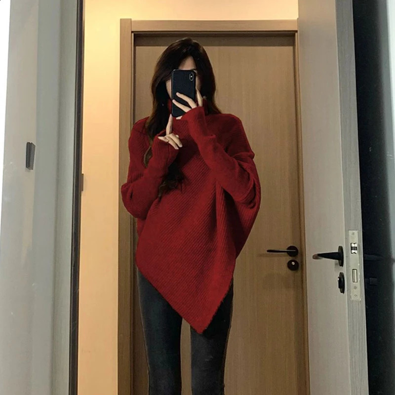 MEXZT Irregular Turtleneck Sweater Women Vintage Knitted Pullovers Korean Asymmetrical Knitwears Streetwear Casual Chic Jumper 240824