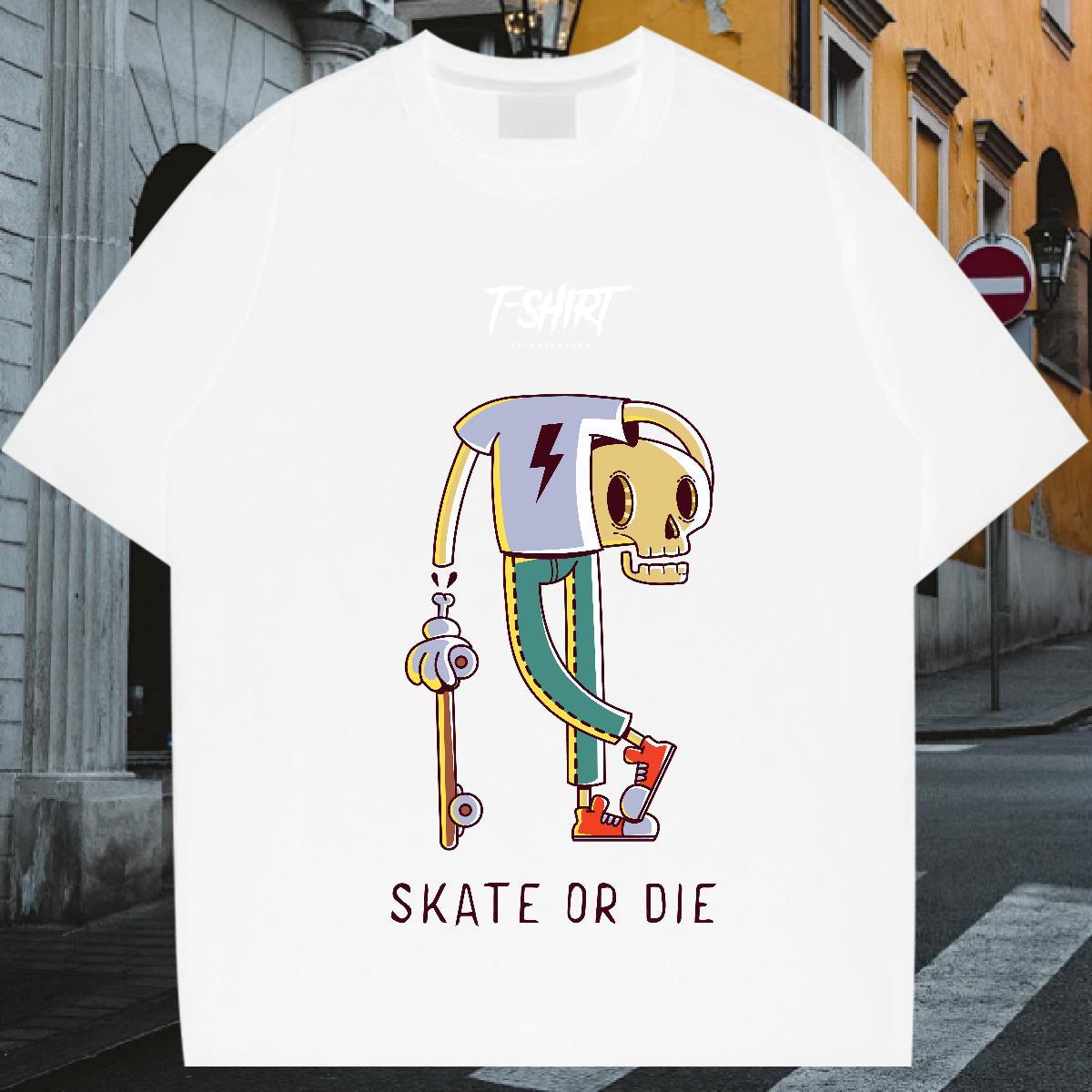 Loose Men T Shirts 230g Pure Cotton skull High Street Hip Hop Custom Cartoon Breathable Short Sleeve Men Clothes T-Shirt 2024 DIY Wear