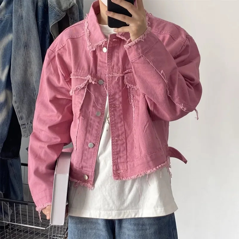 Niche Wear Retro Denim Jacket Street Work Clothes Mens Jeans Loose Short Casual Pink Trendy 240824