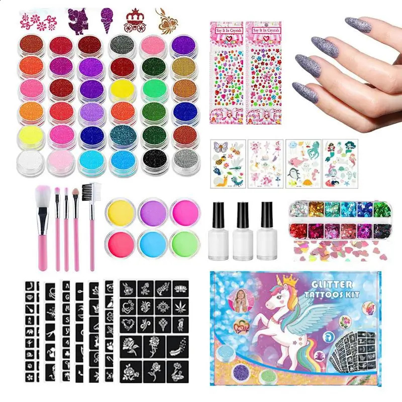 36 Color Diamond Sparkling Art Charm Sparkling Tattoo Set Sparkling Powder Stickers Makeup Brush Temporary Tattoo Set 240823