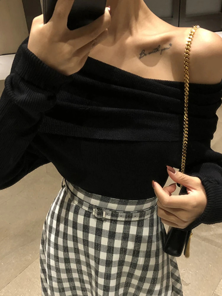 OCEANLOVE Slash Neck Solid Women Sweaters Korean Fashion Vintage Autumn Winter Pullovers Elegant Off Shoulder Slim Pull Femme 240824