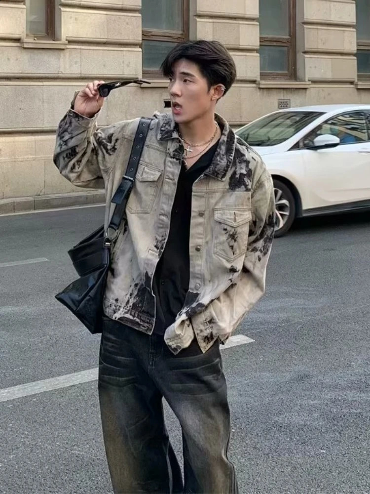 Tie dye denim jacket mens personalized streetwear cool and chic hiphop style fashionable highend loose comfortable European 240824