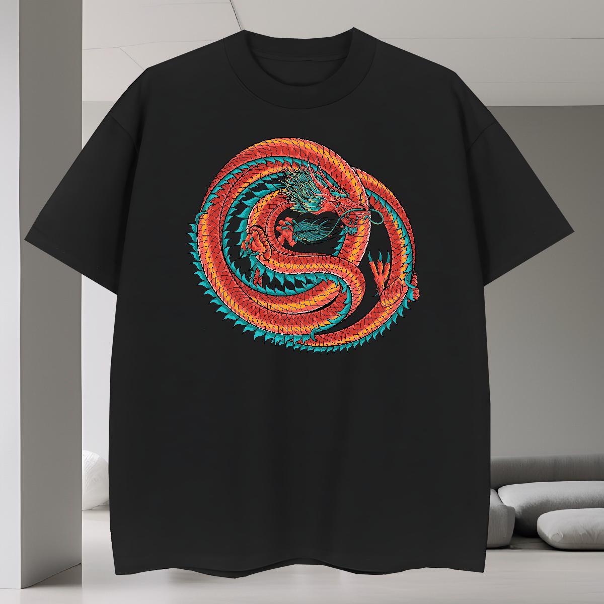 Popular T-Shirts for Men 230g Pure Cotton dragon Hip Hop Cartoon Printing L-4XL O-Neck Short Sleeve Men Clothes T-Shirt 2024 Summer Polos