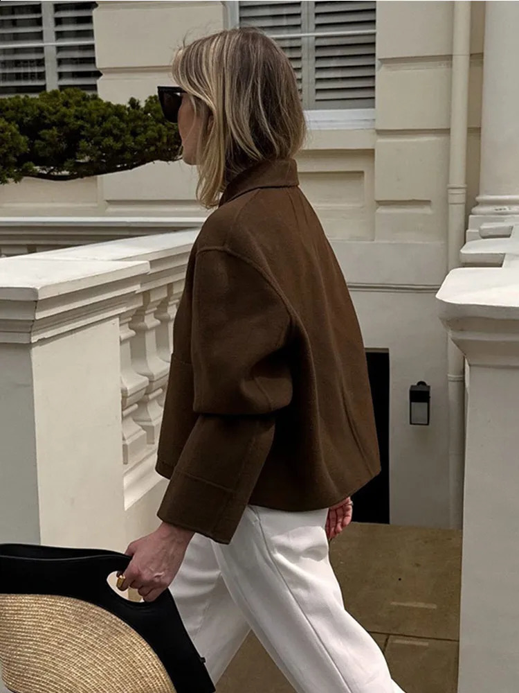 Women Fashion Solid Blends Jacket Chic Lapel Long Sleeves Singlebreasted Short Coat 2024 Autumn Lady Casual Streetwear 240824