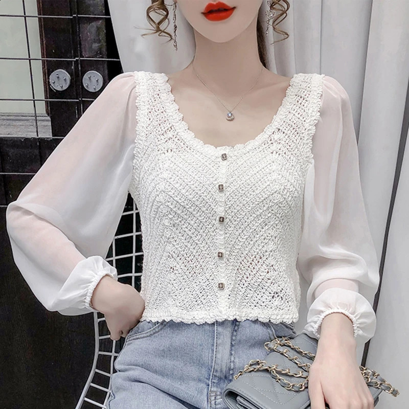 Women French Puff Long Sleeve Cropped Cardigan Neck Button Down Hollow Crochet Knit Solid for Jacket 240824