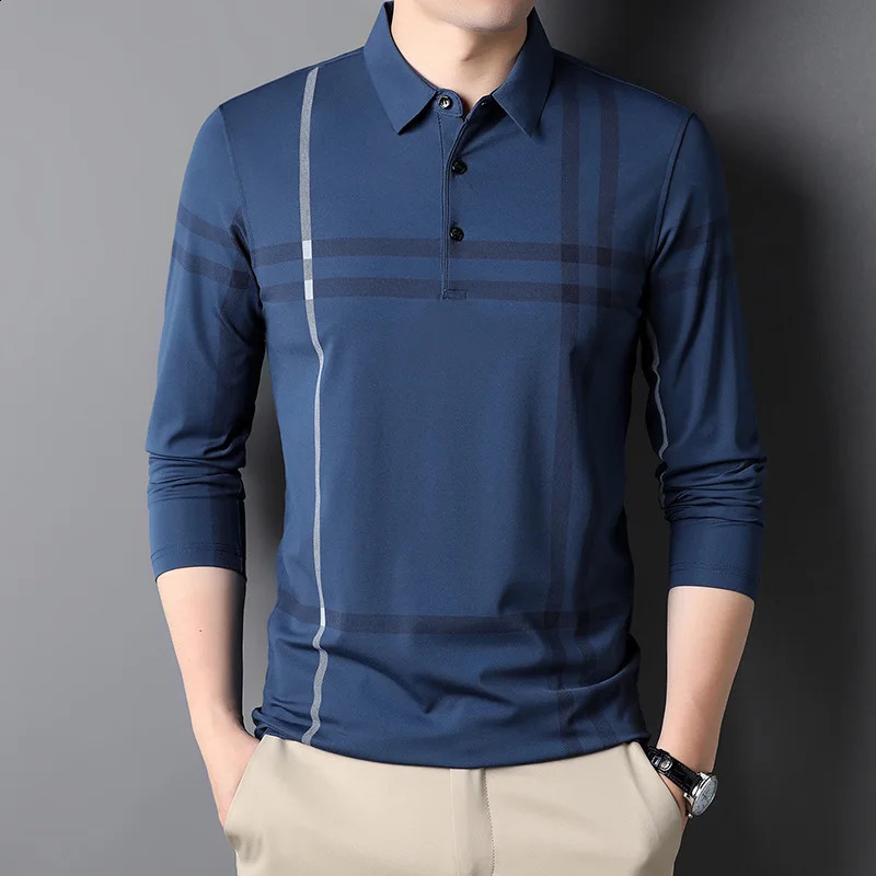 Spring Autumn Business Casual Slim Polo Shirts Men Korean Fashion Striped Lapel Button Long Sleeve T-shirt Ropa Hombre 240824