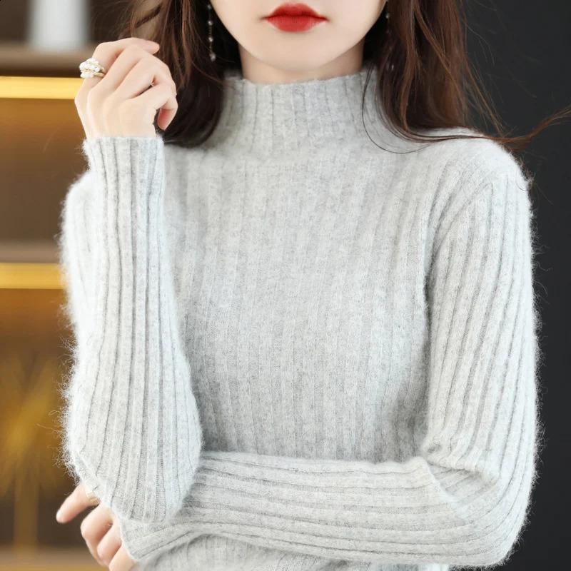 100% Mink Cashmere Womens Sweater Knitted Long Sleeve Pullover Half High Collar Loose Underlay Soft Fashion Womens Top 240824
