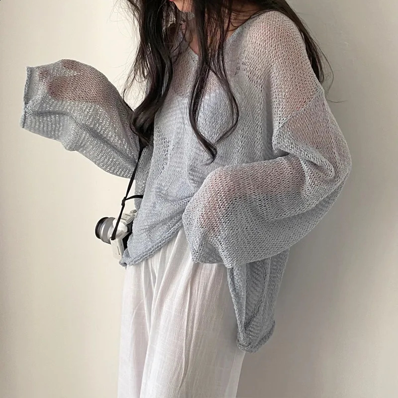 Hollow Out Chic Blouse Female Autumn Thin Knitwear Korean Loose Sweater Beige Women Fashion Jumpers Pullovers Casual Sweaters 240824