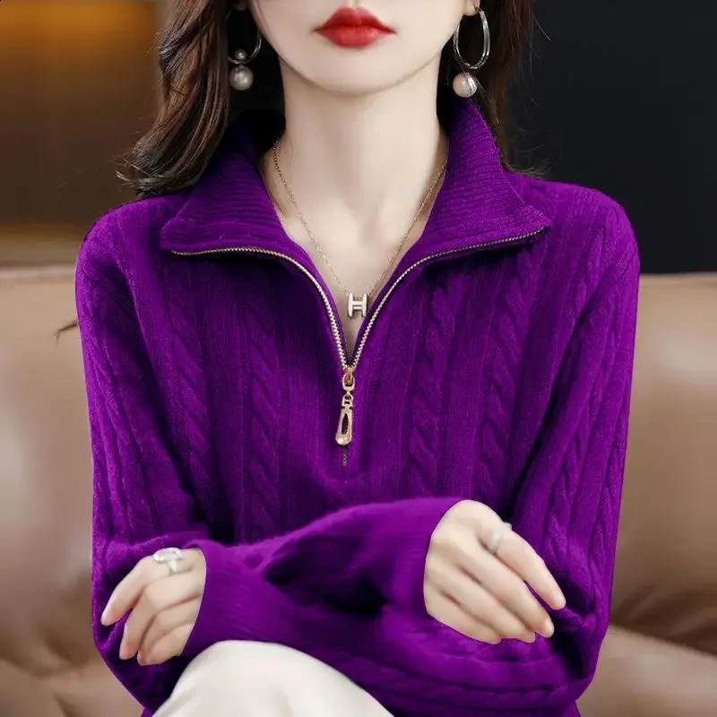 Women Autumn and Winter Half-turtleneck Zipper Sweater Pullover Warm Solid Wavy Lines Loose and Versatile Long Sleeves Top 240824