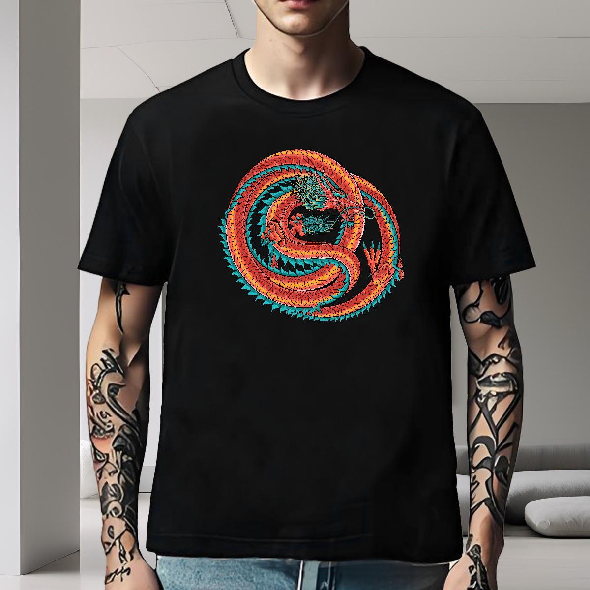Popular T-Shirts for Men 230g Pure Cotton dragon Hip Hop Cartoon Printing L-4XL O-Neck Short Sleeve Men Clothes T-Shirt 2024 Summer Polos