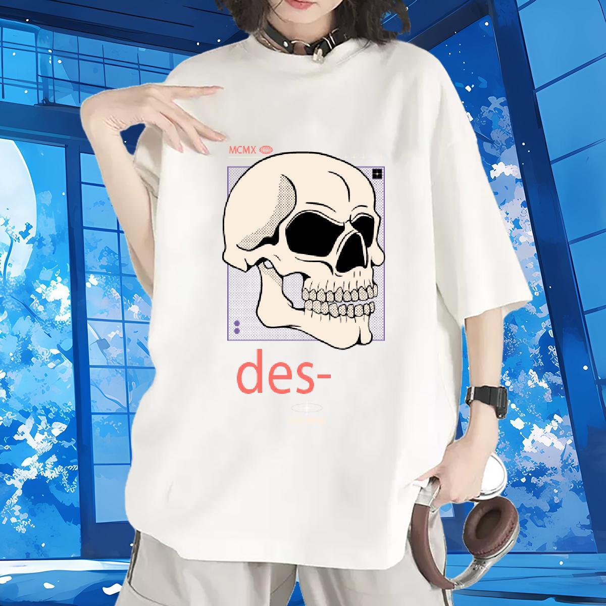 Female Woman Tshirt 230g Cotton skull High Street Hip Hop T shirt Breathable Short Sleeve Black White Top Shirts