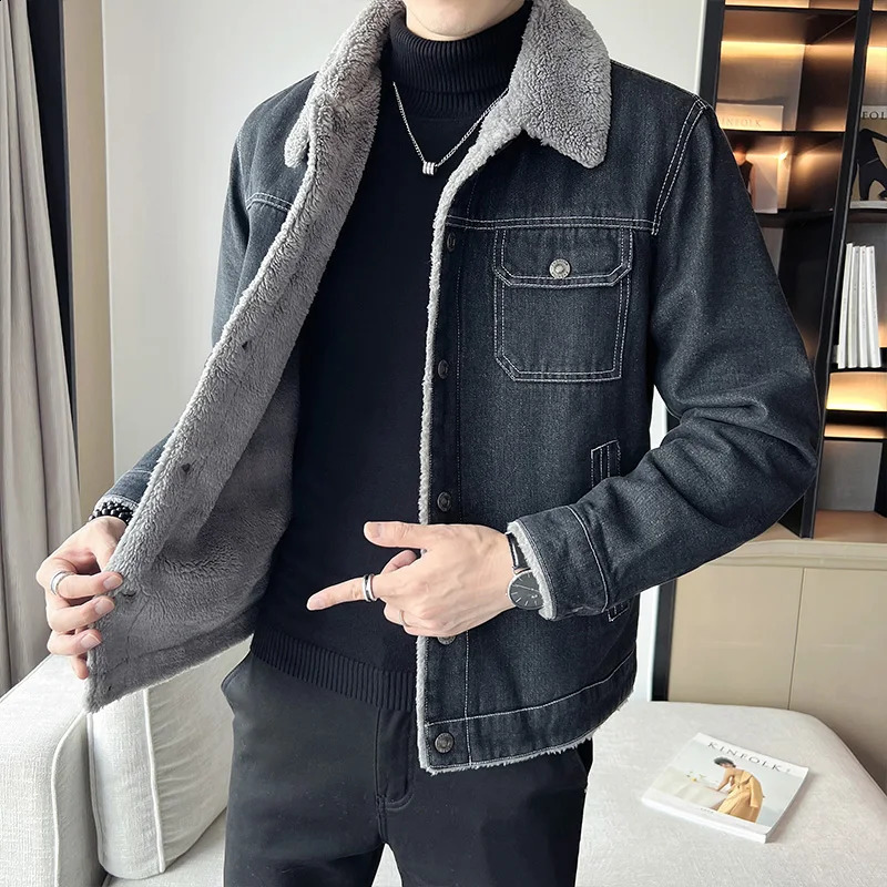 Mens denim jacket for autumn and winter mens military thick wool warm bomber army outerwear 5XL 240824