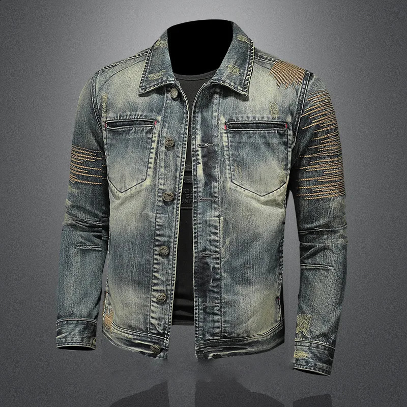 Mens autumn vintage collar denim jacket ultrathin suitable for largesized motorcycle jackets outerwear 240824