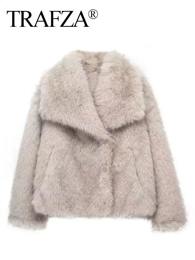 TRAFZA womens faux fur leather jacket casual loose long sleeved lapel warm winter fashion fashionable streetwear Jakcets 240824