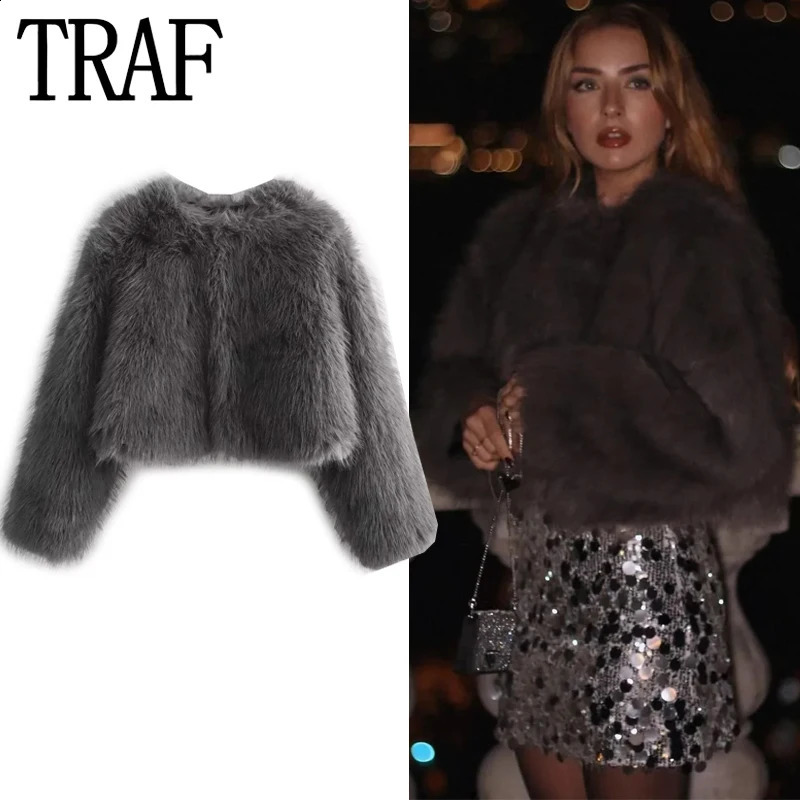 TRAF cut faux fur jacket womens fluffy winter ious elegant long sleeved short shirt cardigan 240824
