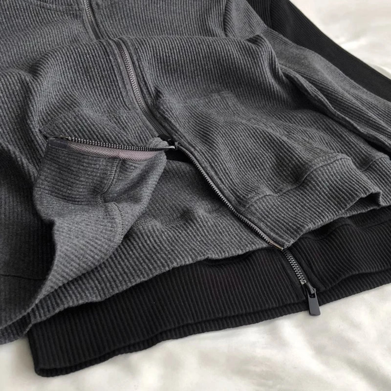 Double Zippered Dark Gray Hoodie Womens Spring Autumn Loose Short Cardigan Sweatshirt Korean Solid Long Sleeved Jacket 240824