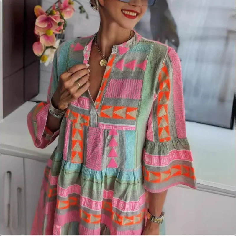Womens Sexy V-neck Ruffled Bohemian Mini Dress Spring Vintage Print A-line Holiday Casual Autumn 3/4 Flared Sleeves Dresses 240824