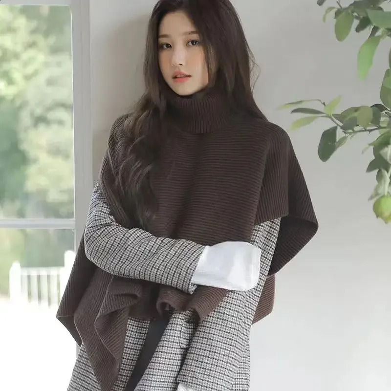 High Collar Irregular Pullover Sweater Cape Womens Tops Sleeveless Autumn And Winter Outer Tower Turtleneck Knitted Scarf Neck 240824