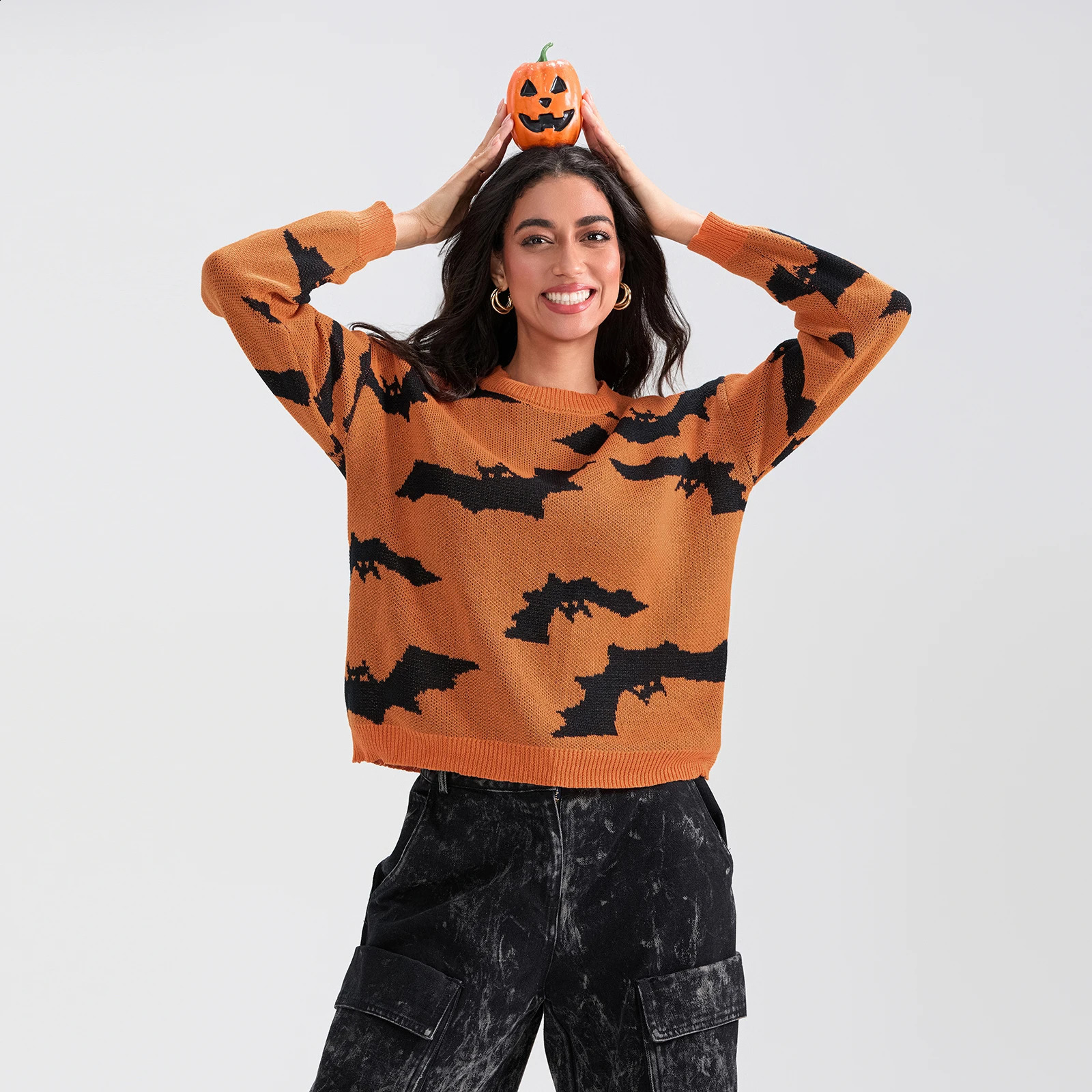 Puloru Women Halloween Sweaters Fall Winter Bats Long Sleeve Crew Neck Pullover Warm Jumpers for Streetwear Fashion Knitwear 240824