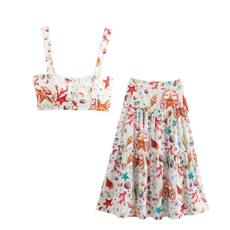 Womens Summer Printed Camisole Top+skirt Set