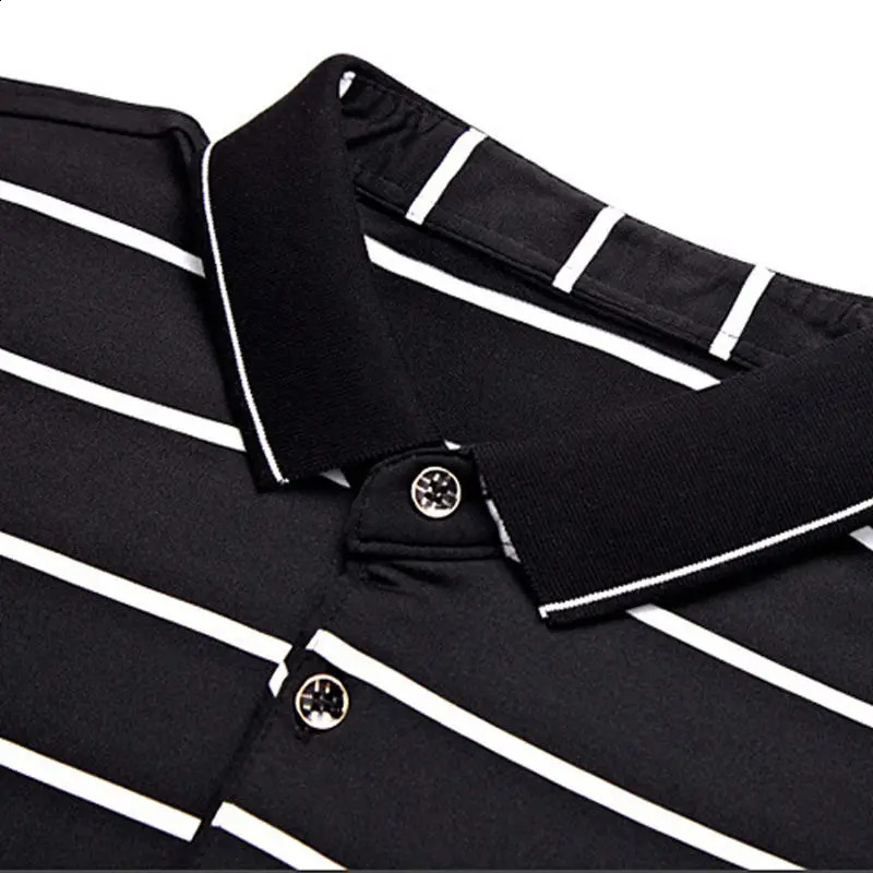 Korean High-end Pure Cotton Long Sleeved PoloT Shirt Slim Lapel Button Business Casual Black and White Striped High Elastic Top 240824
