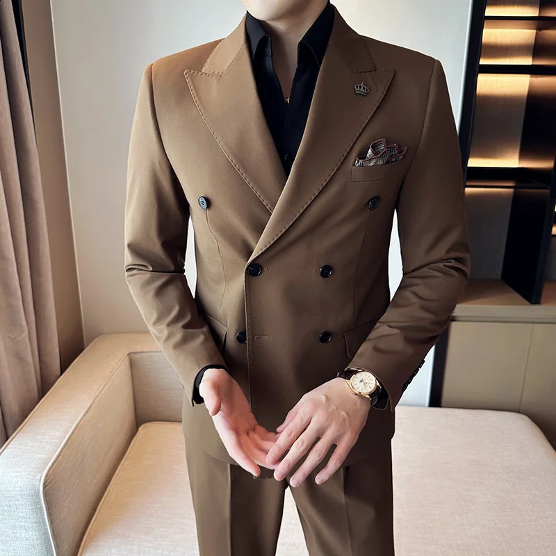 JacketsVestPants High Quality DoubleBreasted Business Suits Men Solid Color Casual Grooms Wedding Dress Man Blazers 5XL 240824