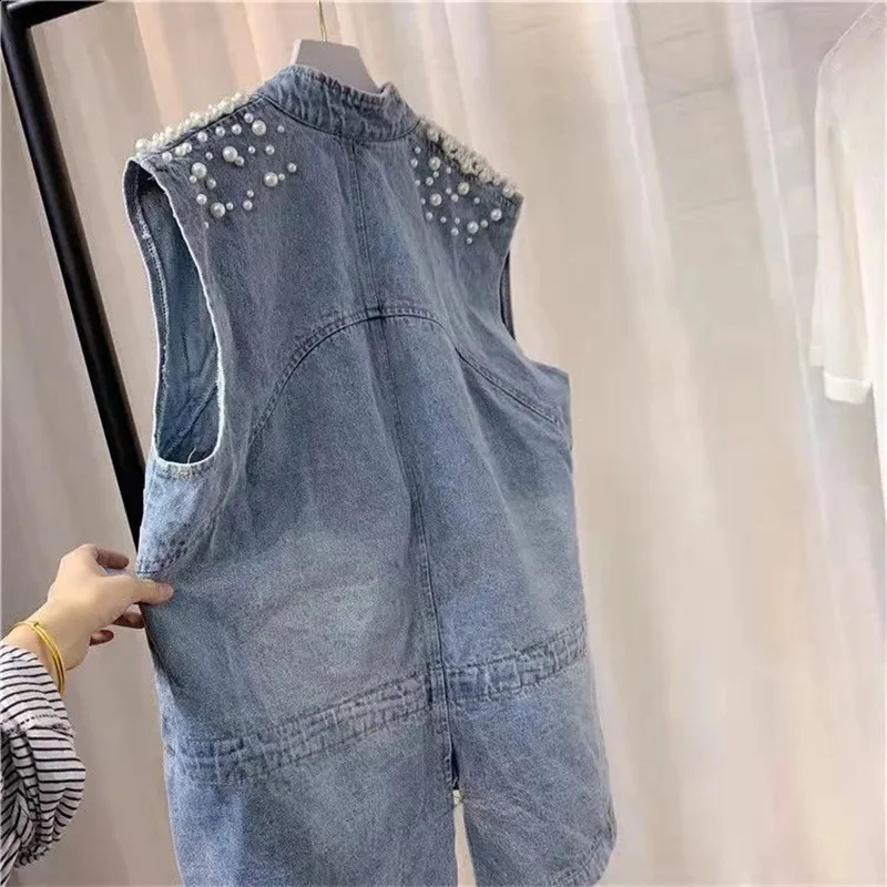 Womens Denim Vest Coat Pearl Denim Waistcoat Korean Fashion Cardigan Jacket Loose Pearl Button Vest Sleeveless Jacket 240824