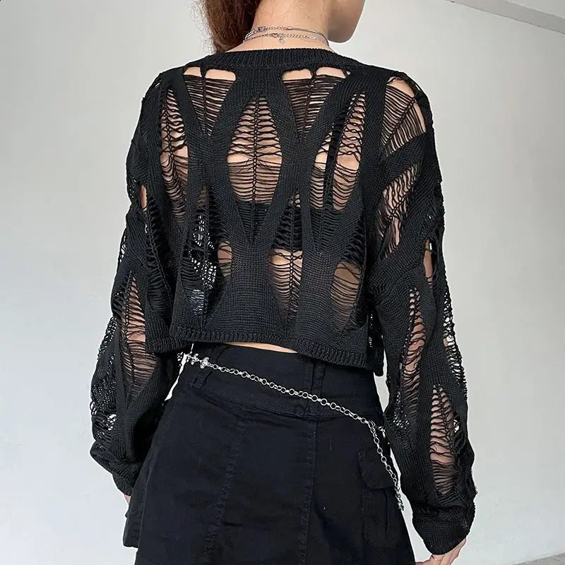 Hollow Out Pullovers Women Black Autumn Streetwear Personality Casual Loose Korean Style Fashion Solid Sexy Knitwear Grunge 240824