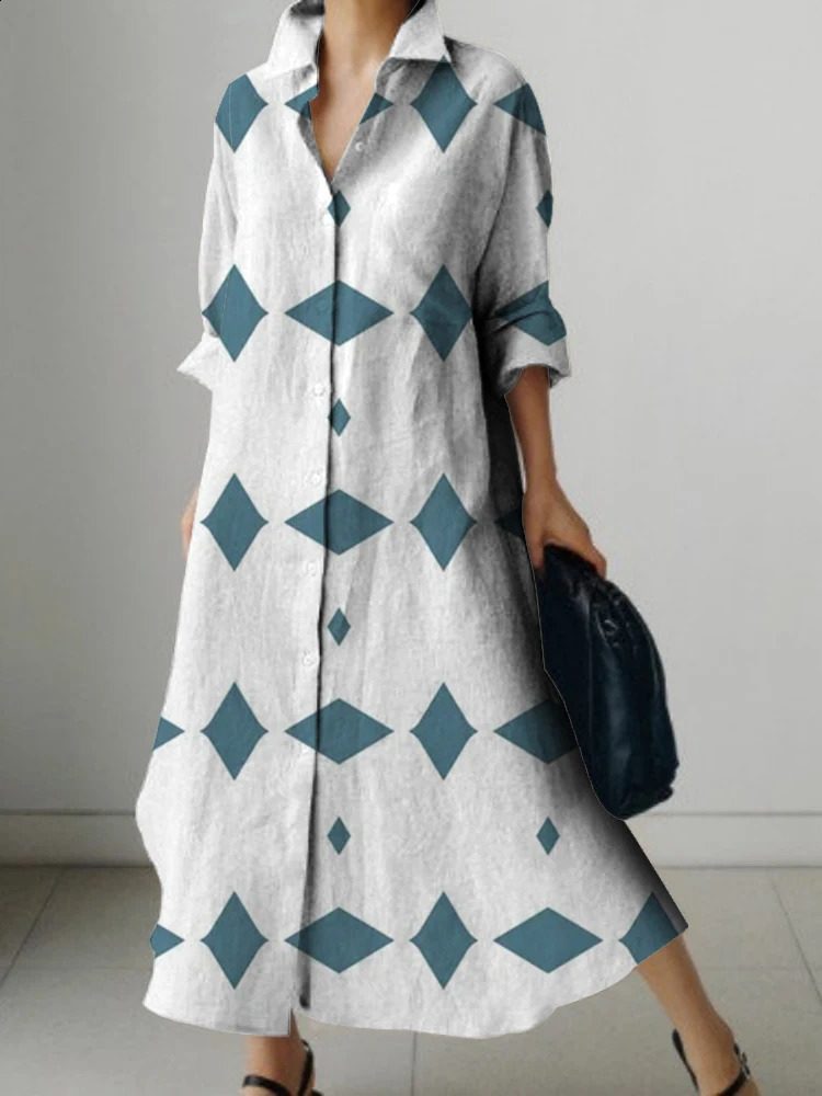 Womens Lapel Shirt Dress Long Sleeves Simple Geometric Print n Loose Dress Breathable Comfortable Spring And Summer 240824