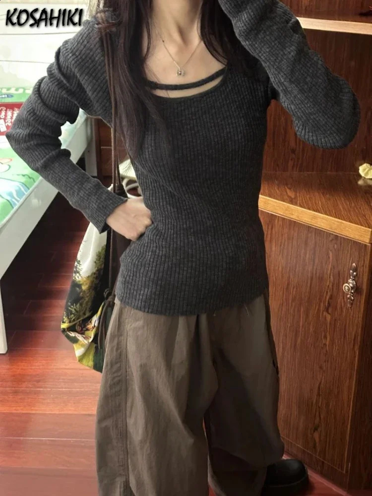 Sexy Hollow Solid Sweater Women Y2k Aesthetic Slim Fit Knitted Harajuku Jumper All Match Korean Sexy Pullover Female Knitwear 240824