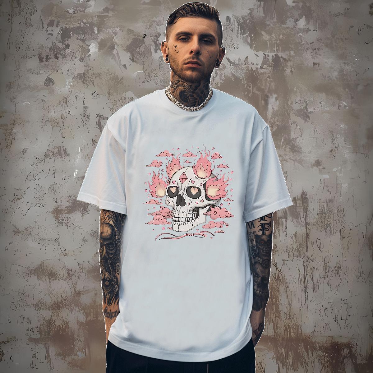High Quality T Shirts Men 230g Cotton fire Anime Printing Street White Plus Size Breathable Short Sleeve Men Clothes T-Shirt Casual New Wear