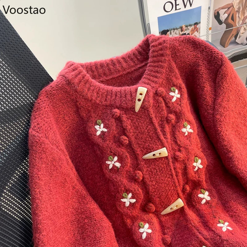 Mori Sweet Knitted Cardigan Women Vintage O-Neck Embroidery Horn Button Sweater Loose Coat Y2k Cute Knitwear Autumn Clothes 240824