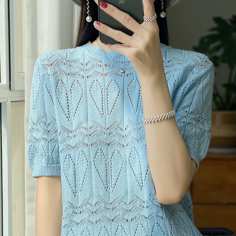 Pure Cotton Round Neck Sweater T-shirt Casual Solid Color Top Loose Hollow Pullover Short Sleeve Knitted Fashion T-shir 240824
