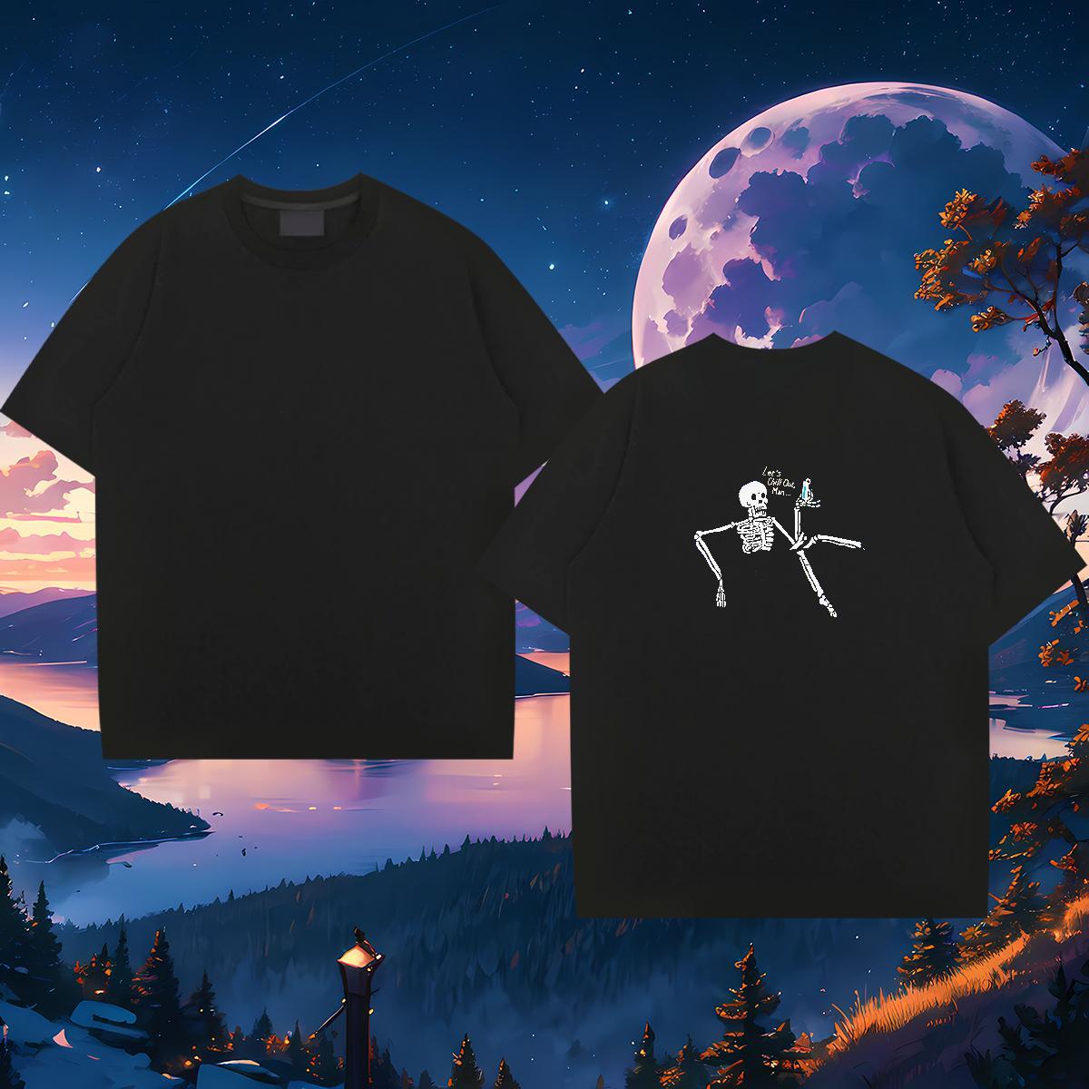 Free Shipping Man T Shirts 230g 100% Cotton skull Daily Outfit Cartoon Printing L-4XL Breathable Crew Neck Men Tees Stylist Polos