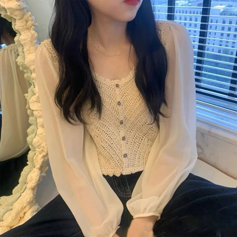 Women French Puff Long Sleeve Cropped Cardigan Neck Button Down Hollow Crochet Knit Solid for Jacket 240824