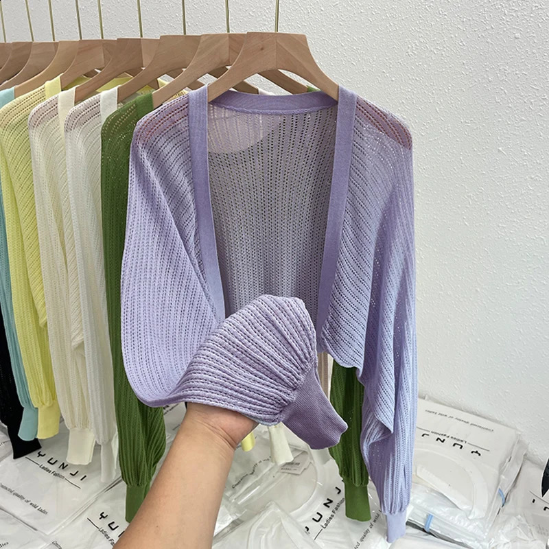 Long Sleeve Hollow Out Knitted Open Stitch Women Summer Thin Short Loose Shirt Sun Protection Cover up Solid Casual All-match 240824